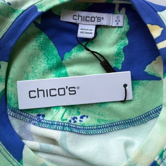 CHICOS T-Shirt Womens S Blue Yellow Floral Cotton Stretch Top Short Sleeve - Picture 3 of 4